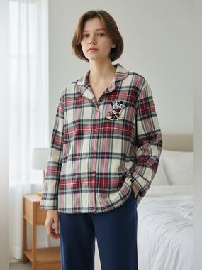 Disney Christmas Plaid Minnie Mickey Appliqué Button Up PJ Top XL